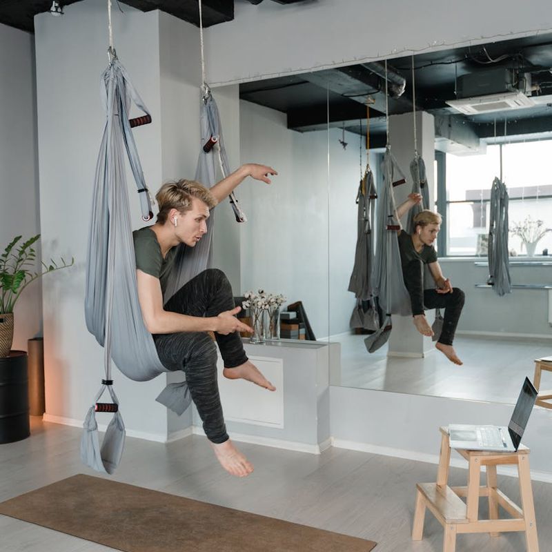 Wide shot of a peaceful yoga studio interior